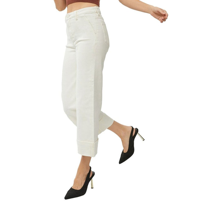 Risen Jeans Women's Cream High Rise Wide Leg Cuffed Pants