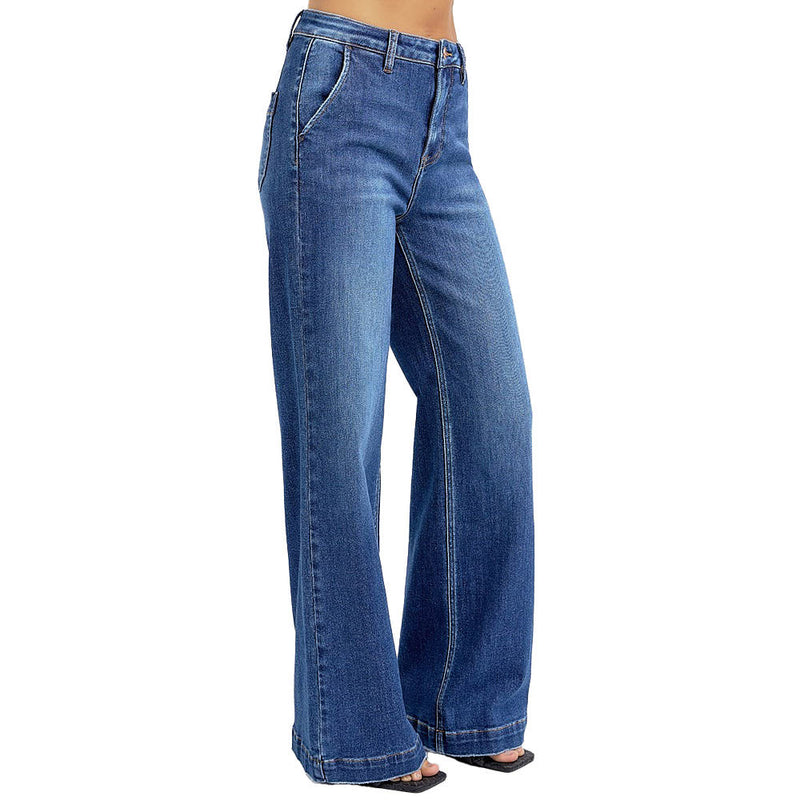 Risen Jeans Women's Dark Slanted Pocket Wide Leg Jeans