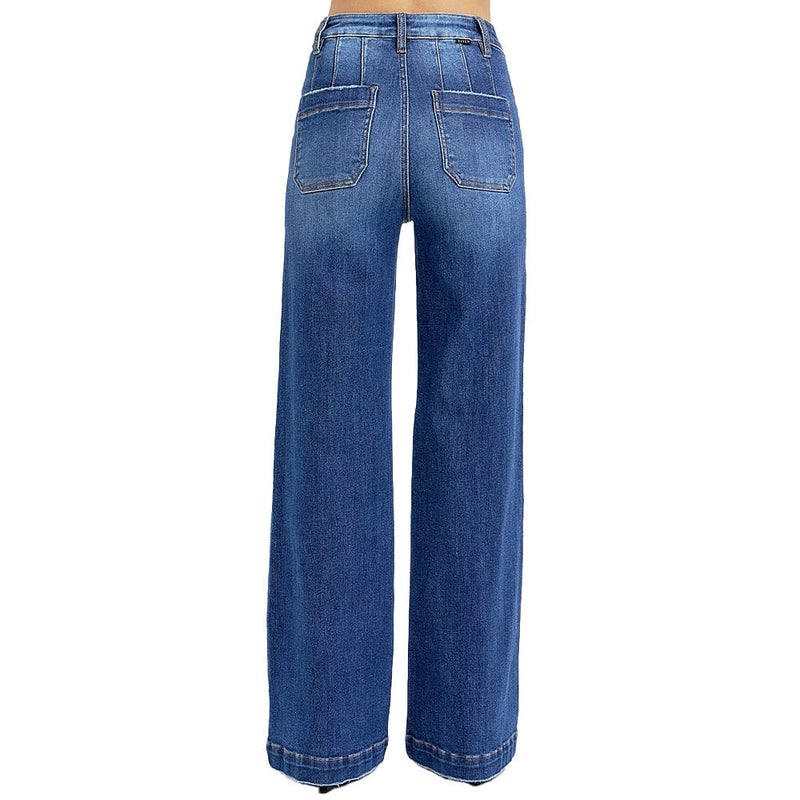 Risen Jeans Women's Dark Slanted Pocket Wide Leg Jeans
