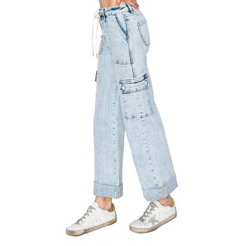 Risen Jeans Women's Light Acid Wash Wide Leg Cargo Pants