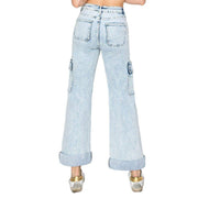 Risen Jeans Women's Light Acid Wash Wide Leg Cargo Pants