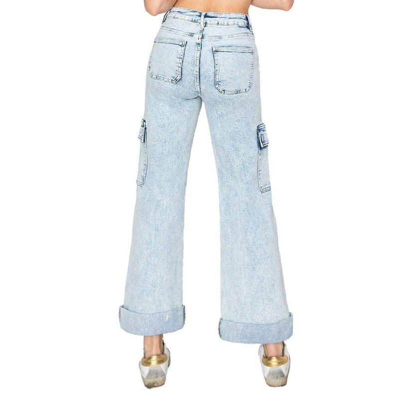 Risen Jeans Women's Light Acid Wash Wide Leg Cargo Pants