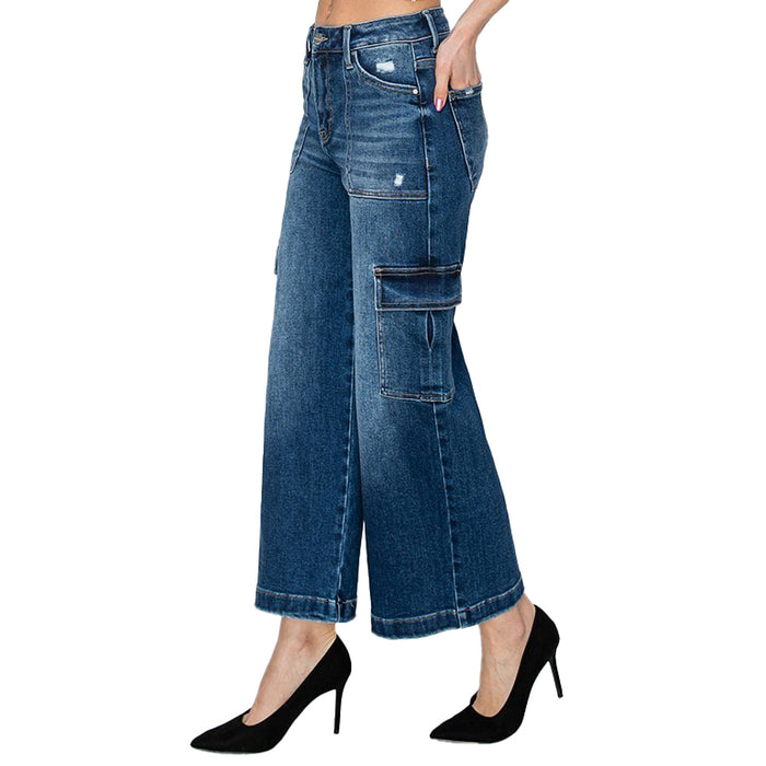 Risen Jeans Womens High Rise Crop Wide Leg Cargo Jean