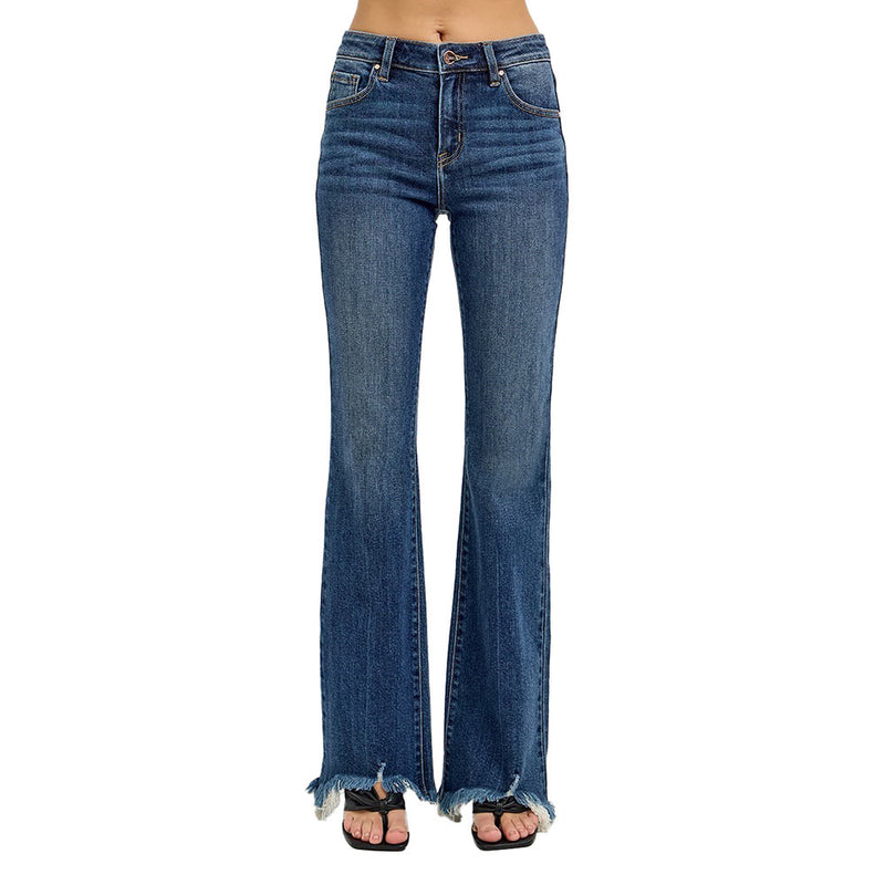 Risen Jeans Women's Dark Mid Rise Flare Frayed Jean