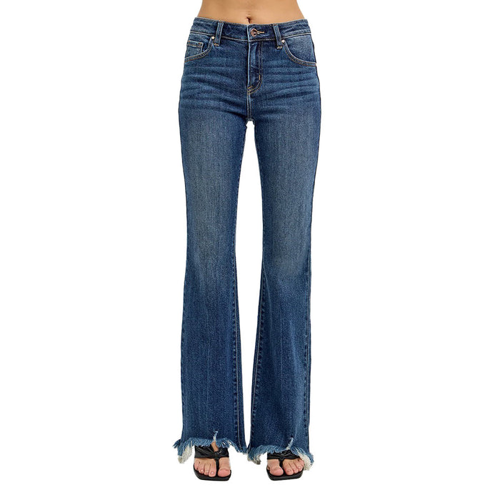Risen Jeans Women's Dark Mid Rise Flare Frayed Jean