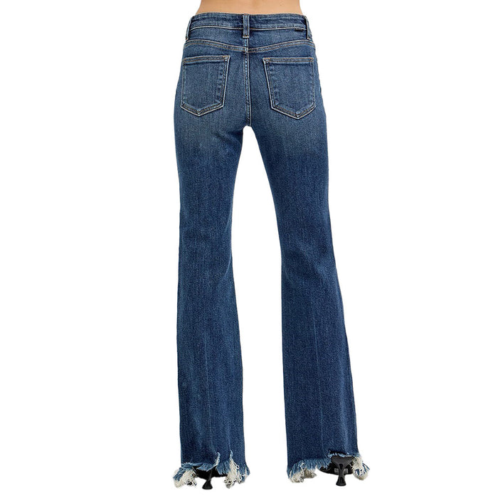 Risen Jeans Women's Dark Mid Rise Flare Frayed Jean