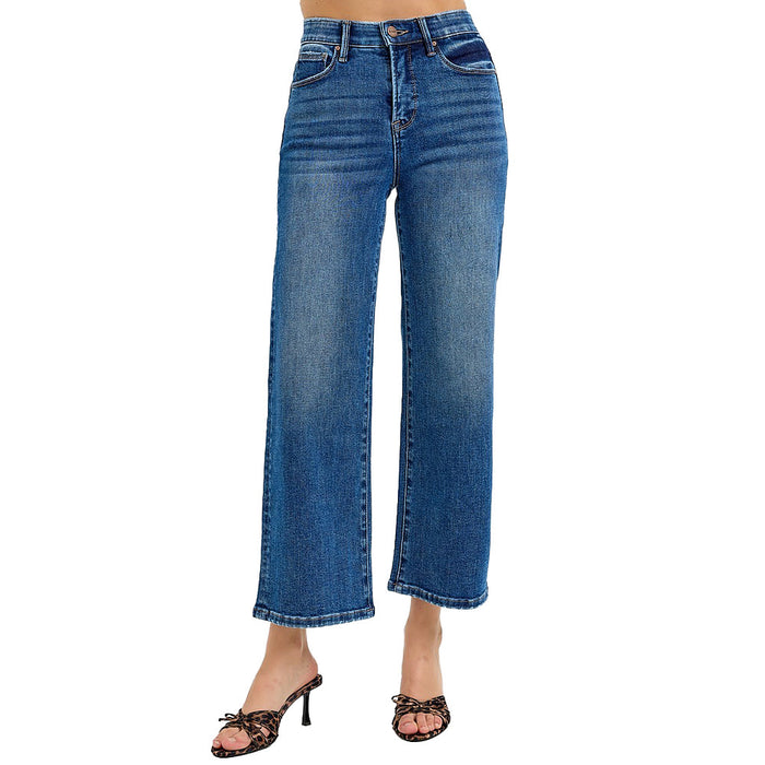 Risen Jeans Women's Dark Tummy Control High Rise Crop Wide Jeans
