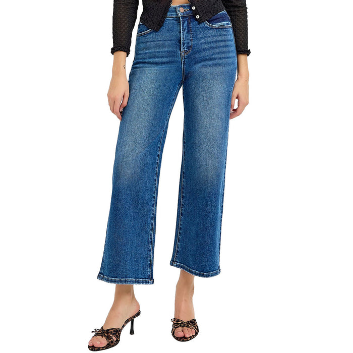 Risen Jeans Women's Dark Tummy Control High Rise Crop Wide Jeans