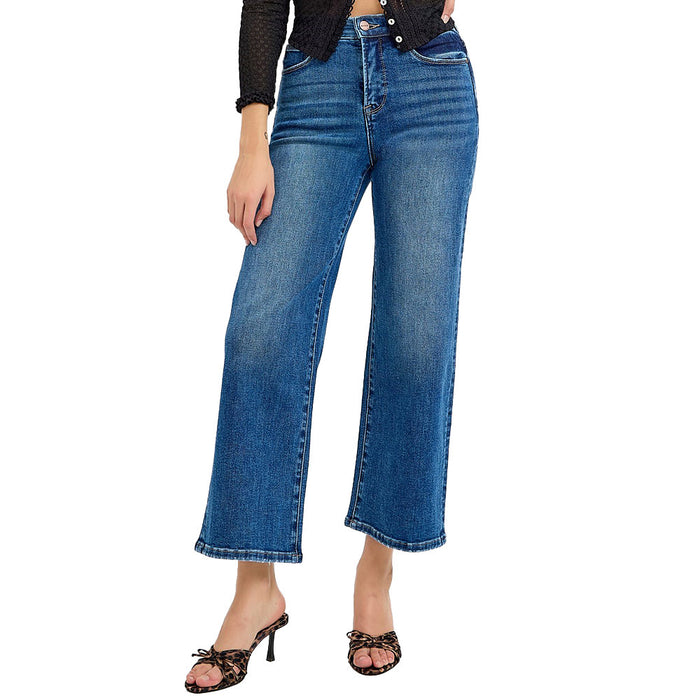 Risen Jeans Women's Dark Tummy Control High Rise Crop Wide Jeans