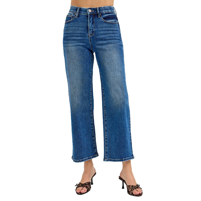 Risen Jeans Women's Dark Tummy Control High Rise Crop Wide Jeans