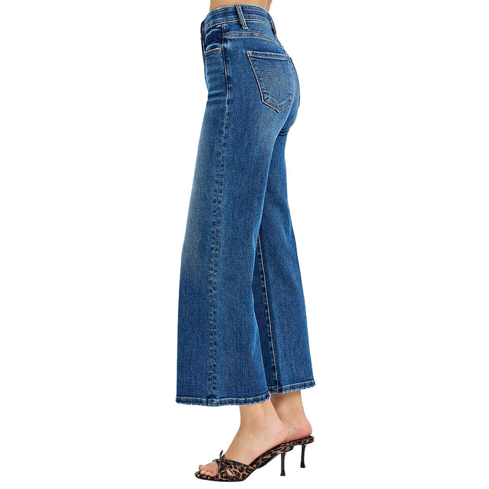 Risen Jeans Women's Dark Tummy Control High Rise Crop Wide Jeans