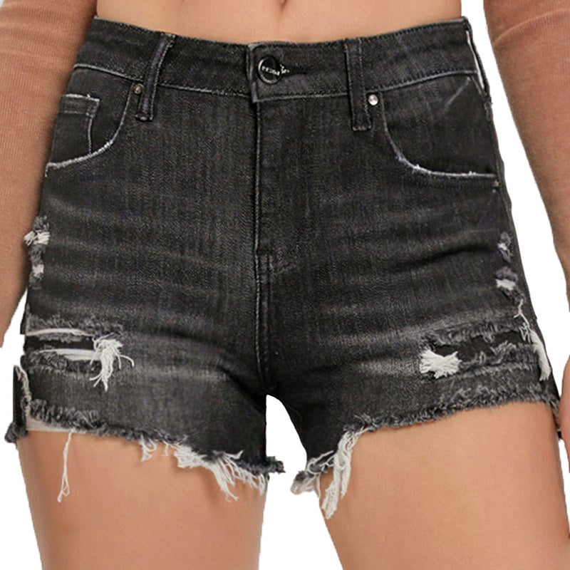 Risen Jeans Women's Black Mid Rise Patched Denim Shorts