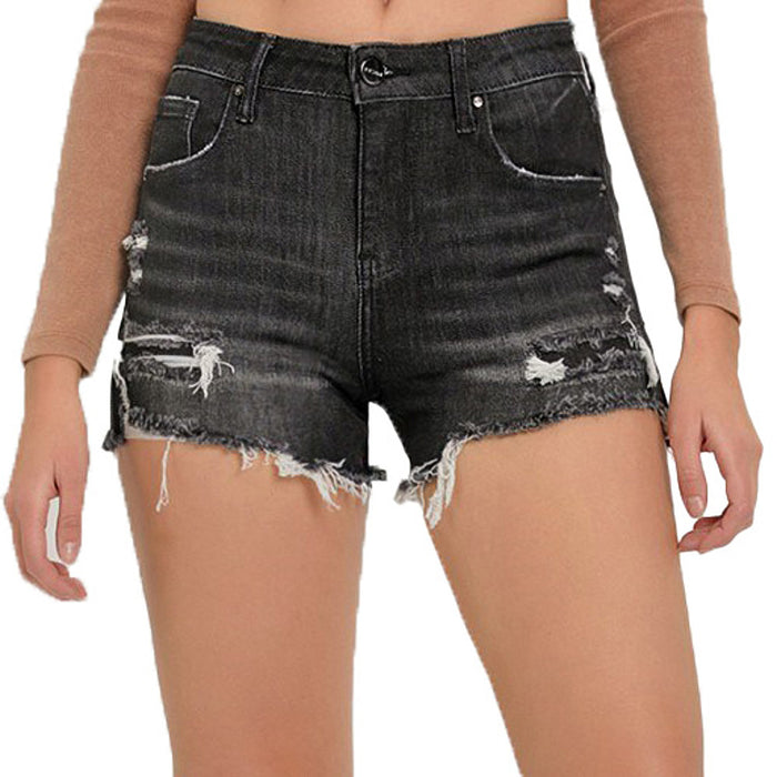 Risen Jeans Women's Black Mid Rise Patched Denim Shorts