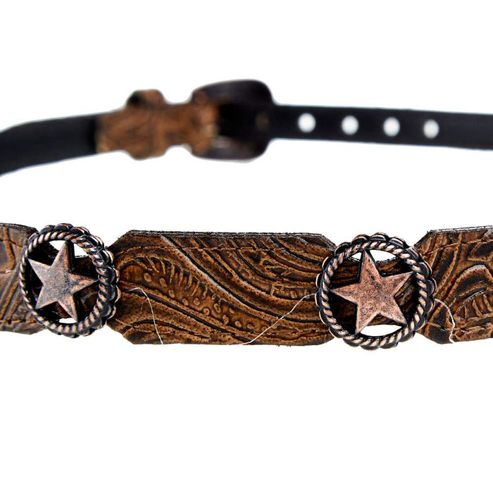 Rodeo King Brown Tooled Hat Band with Texas Star Conchos