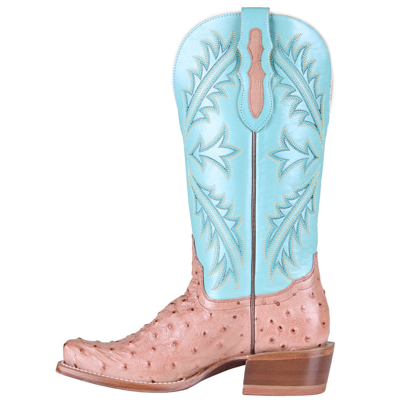 Tony Lama Women's Amber Tan Full Quill Ostrich Vamp 13in Turquoise Cowhide Top Boot