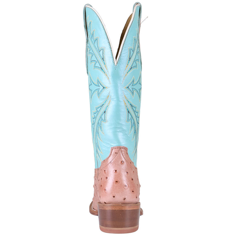 Tony Lama Women's Amber Tan Full Quill Ostrich Vamp 13in Turquoise Cowhide Top Boot