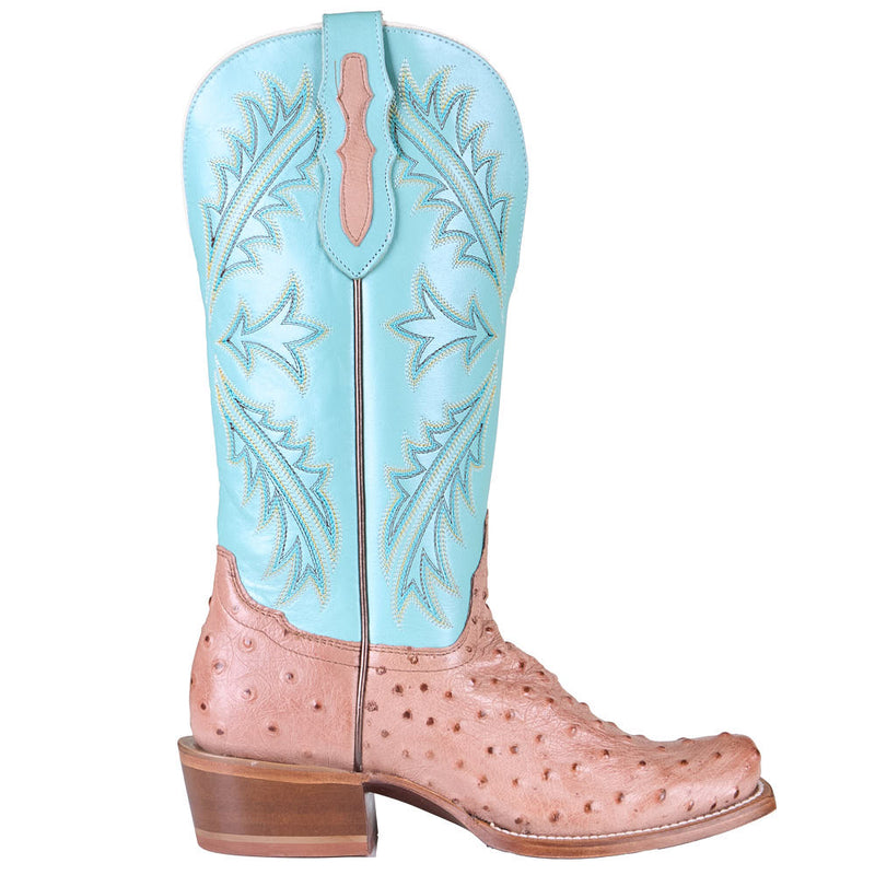 Tony Lama Women's Amber Tan Full Quill Ostrich Vamp 13in Turquoise Cowhide Top Boot