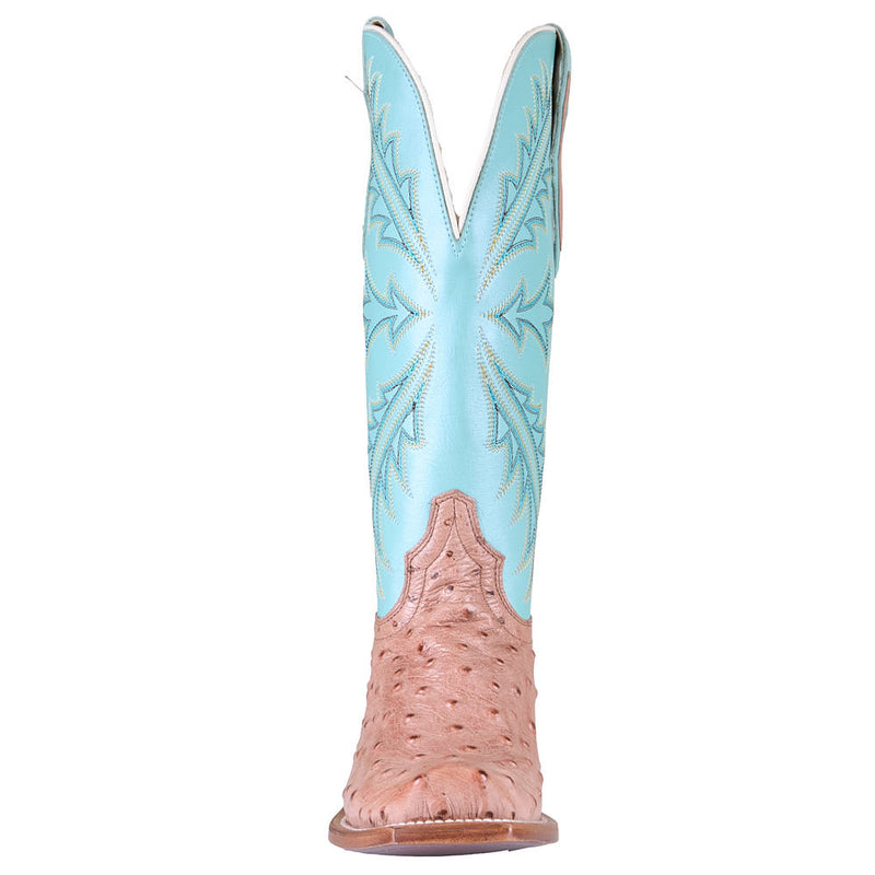 Tony Lama Women's Amber Tan Full Quill Ostrich Vamp 13in Turquoise Cowhide Top Boot