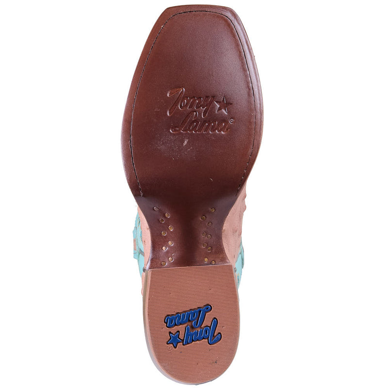 Tony Lama Women's Amber Tan Full Quill Ostrich Vamp 13in Turquoise Cowhide Top Boot