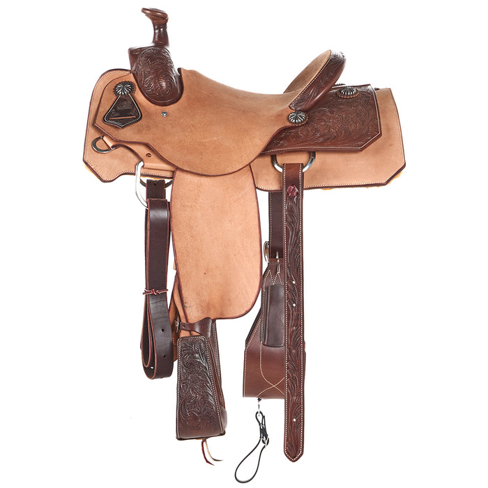 Burns Saddlery Roughout Two-Tone 1/4 Floral Tooled 14.5 Team Roping Saddle
