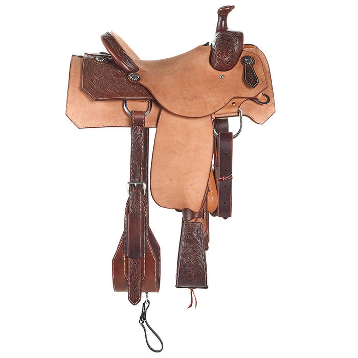 Burns Saddlery Roughout Two-Tone 1/4 Floral Tooled 14.5 Team Roping Saddle