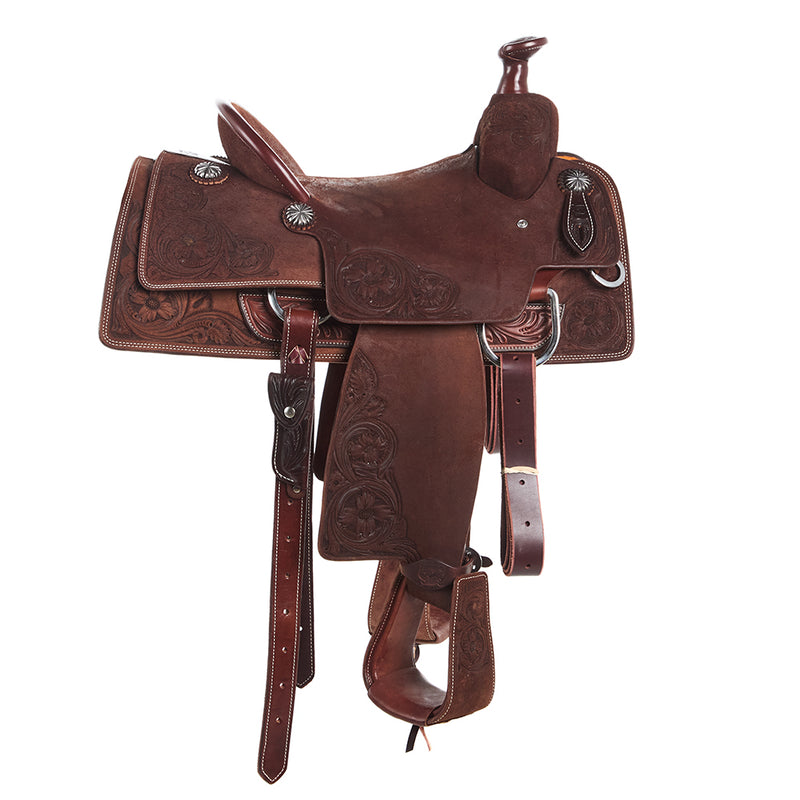 Burns Saddlery 14.5in Floral Tooled Chocolate Team Roping Saddle