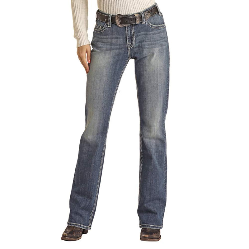 Rock & Roll Denim Women's Ivory Embroidered Relaxed Mid Rise Straight Leg Jeans