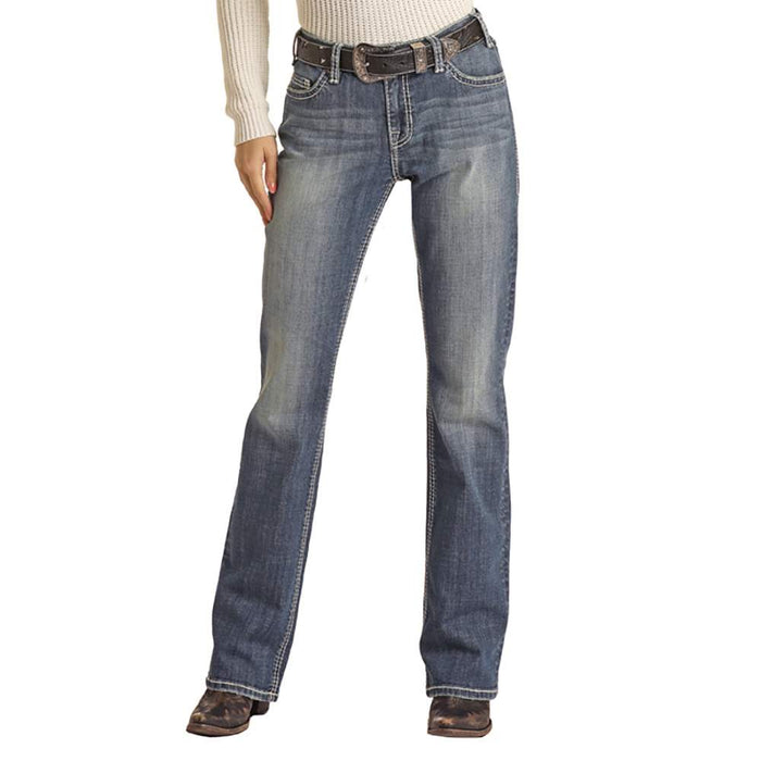 Rock & Roll Denim Women's Ivory Embroidered Relaxed Mid Rise Straight Leg Jeans