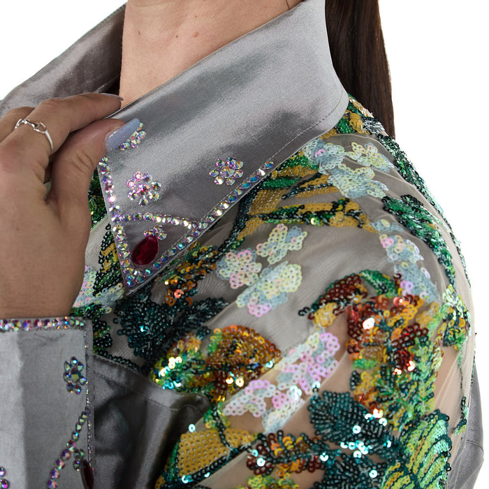 Kultured Rider Women's Silver Taffeta with Sheer Floral Sleeves Show Top