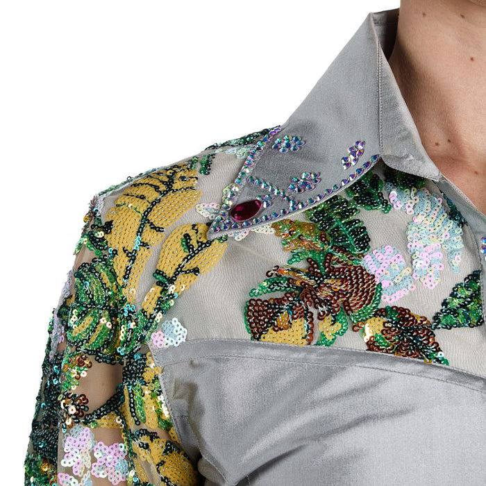 Kultured Rider Women's Silver Taffeta with Sheer Floral Sleeves Show Top