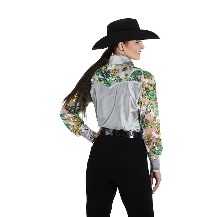 Kultured Rider Women's Silver Taffeta with Sheer Floral Sleeves Show Top