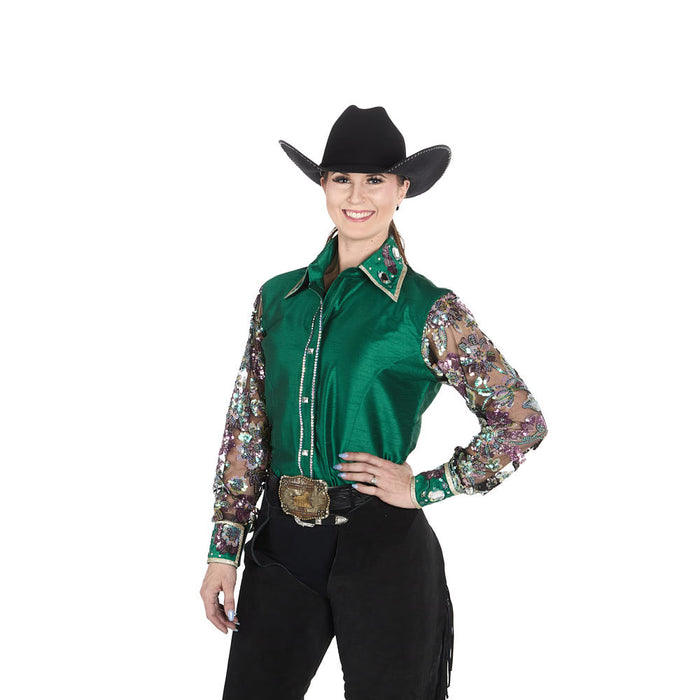 Kultured Rider Women's Green Taffeta with Sheer Floral Sleeves Show Top