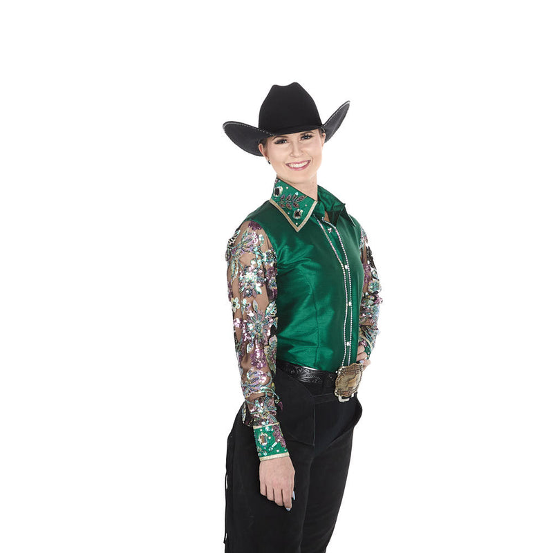 Kultured Rider Women's Green Taffeta with Sheer Floral Sleeves Show Top