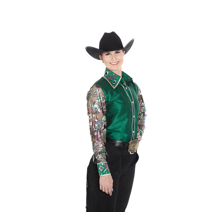Kultured Rider Women's Green Taffeta with Sheer Floral Sleeves Show Top