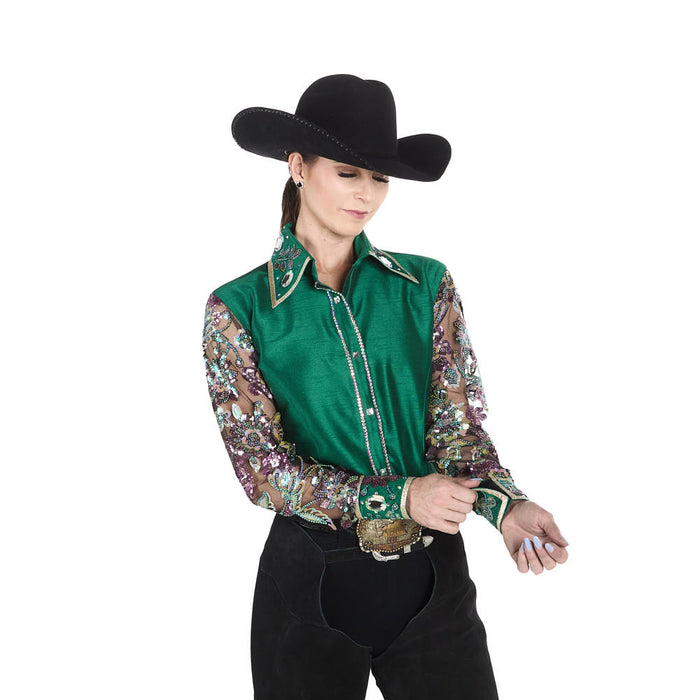 Kultured Rider Women's Green Taffeta with Sheer Floral Sleeves Show Top