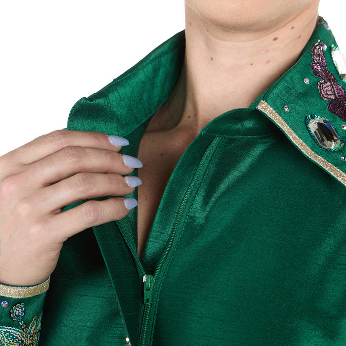 Kultured Rider Women's Green Taffeta with Sheer Floral Sleeves Show Top