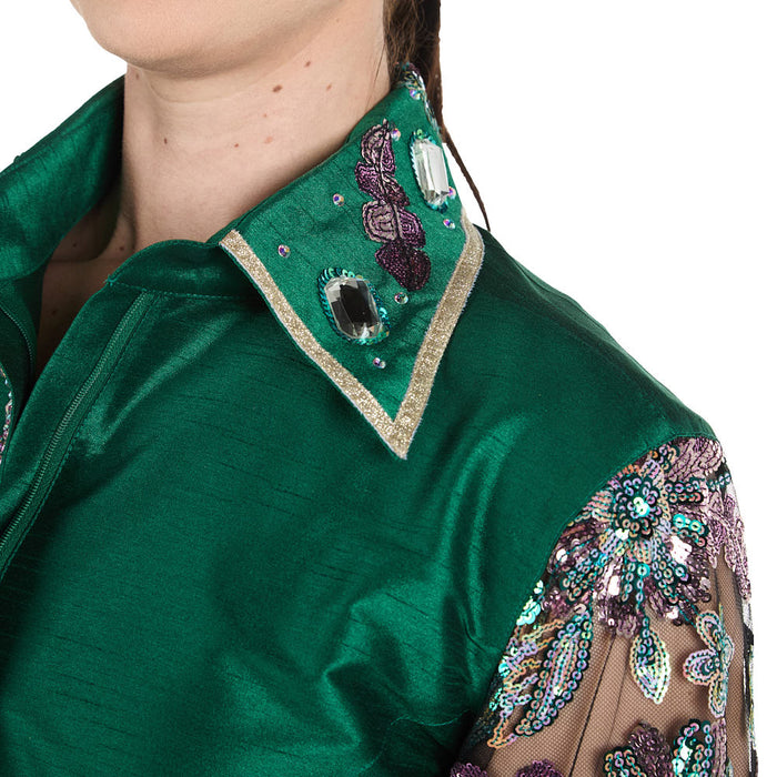 Kultured Rider Women's Green Taffeta with Sheer Floral Sleeves Show Top