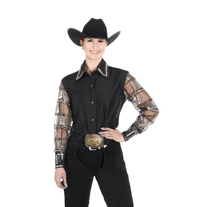 Kultured Rider Women's Black Taffeta with Shear Beaded Sleeve Show Top