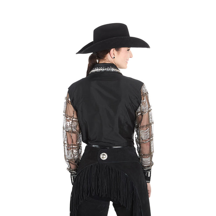 Kultured Rider Women's Black Taffeta with Shear Beaded Sleeve Show Top