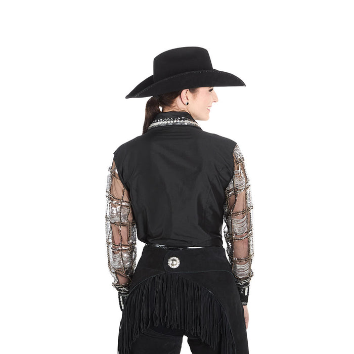 Kultured Rider Women's Black Taffeta with Shear Beaded Sleeve Show Top