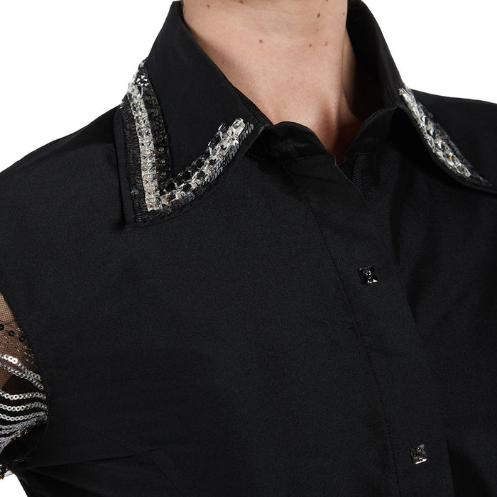 Kultured Rider Women's Black Taffeta with Shear Beaded Sleeve Show Top