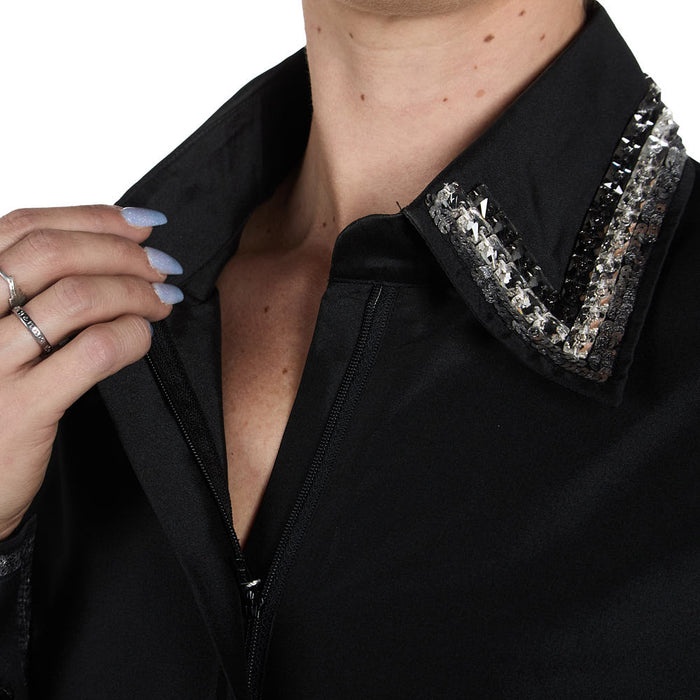 Kultured Rider Women's Black Taffeta with Shear Beaded Sleeve Show Top