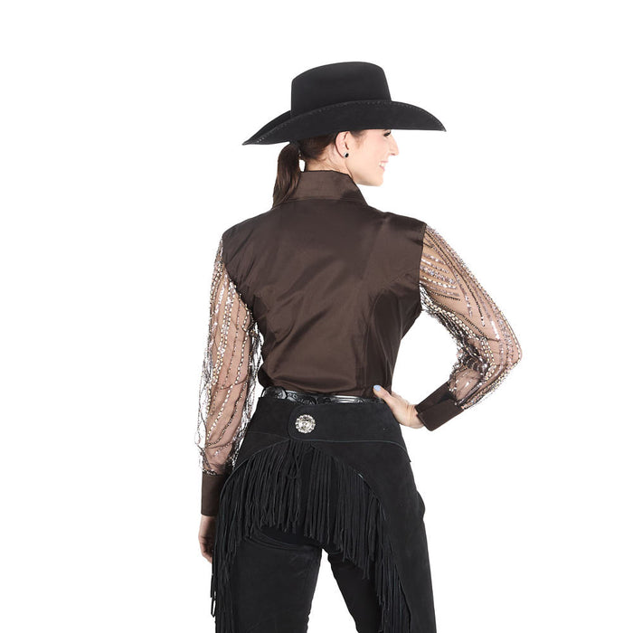 Kultured Rider Women's Brown Taffeta with Shear Beaded Sleeve Show Top