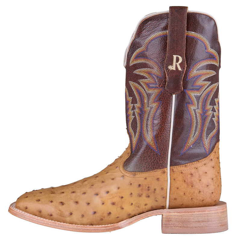 R Watson Boots Men's Antique Saddle Full Quill Ostrich Vamp 11in Laguna Cognac Cowhide Top