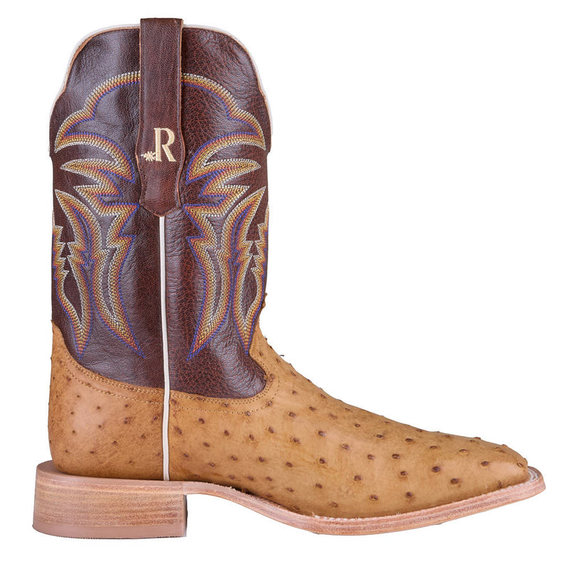 R Watson Boots Men's Antique Saddle Full Quill Ostrich Vamp 11in Laguna Cognac Cowhide Top