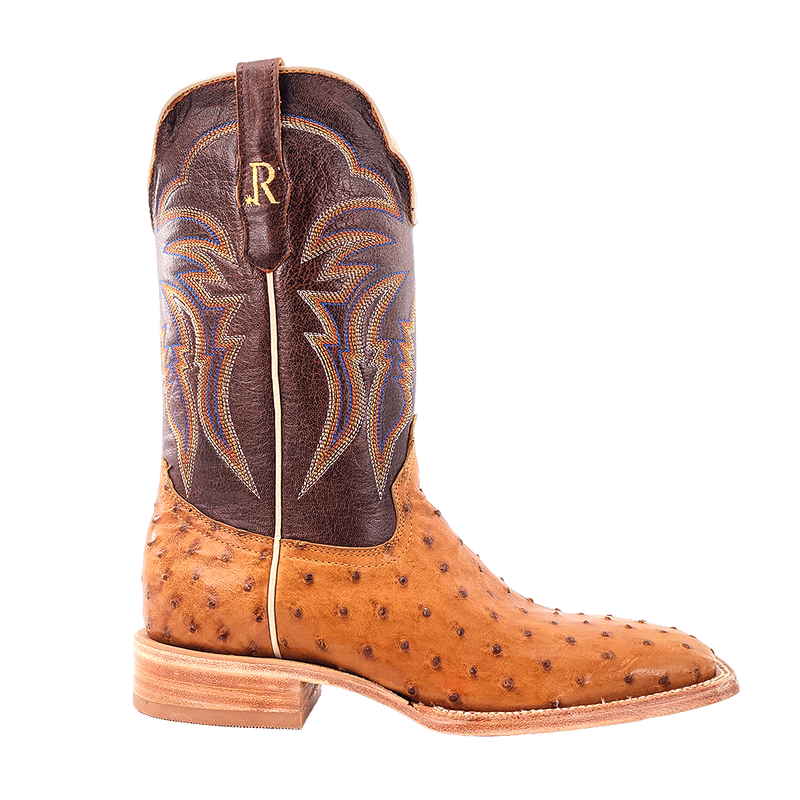 R Watson Boots Men's Antique Saddle Full Quill Ostrich Vamp 11in Laguna Cognac Cowhide Top