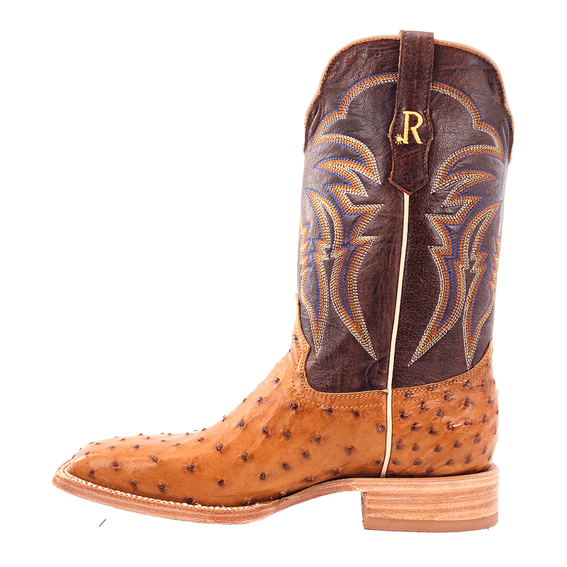 R Watson Boots Men's Antique Saddle Full Quill Ostrich Vamp 11in Laguna Cognac Cowhide Top