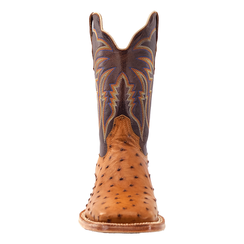 R Watson Boots Men's Antique Saddle Full Quill Ostrich Vamp 11in Laguna Cognac Cowhide Top