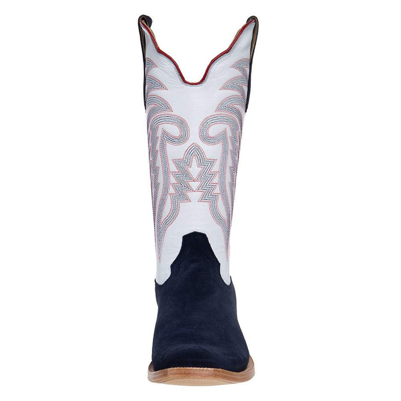 R Watson Boots Men's Midnight Blue Roughout 13in. Winter White Cowhide Top Cutter Toe Cowboy Boots