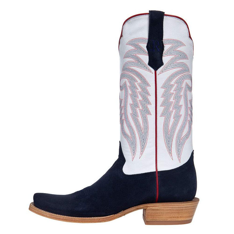 R Watson Boots Men's Midnight Blue Roughout 13in. Winter White Cowhide Top Cutter Toe Cowboy Boots